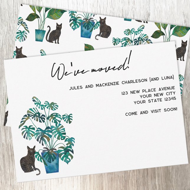 Black Cat Houseplant Moving New Home Announcement Meddelande (Black cat and potted plant watercolor custom text personalized moving new home address announcement)
