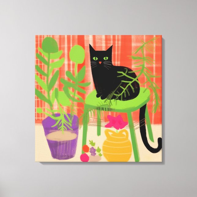 Black Cat Houseplantor Canvastryck (Framsida)