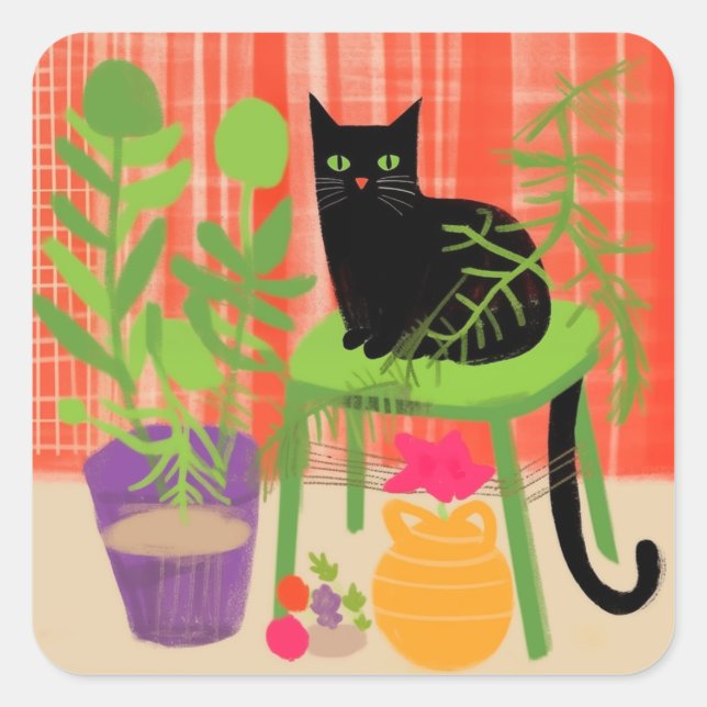 Black Cat Houseplantor Fyrkantigt Klistermärke (Framsida)