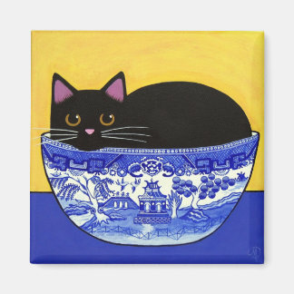 Black CAT i Blue Willow Bowl Square Magnet