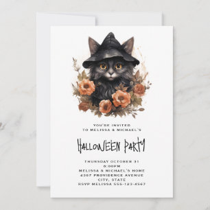 Black Cat i en Black Witch's Hat Halloween Inbjudningar