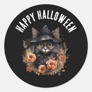 Black Cat i en Black Witch's Hat Halloween Runt Klistermärke