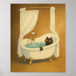 Black Cat i en Clawfoot Bathtub Art Print Poster