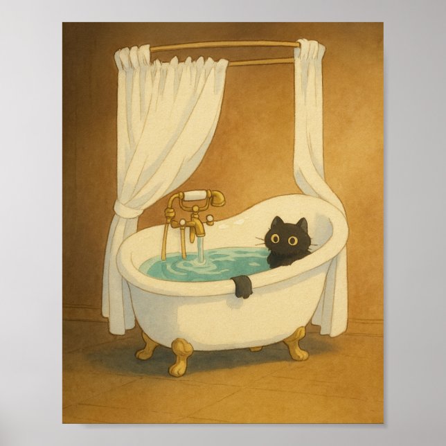 Black Cat i en Clawfoot Bathtub Art Print Poster (Framsidan)