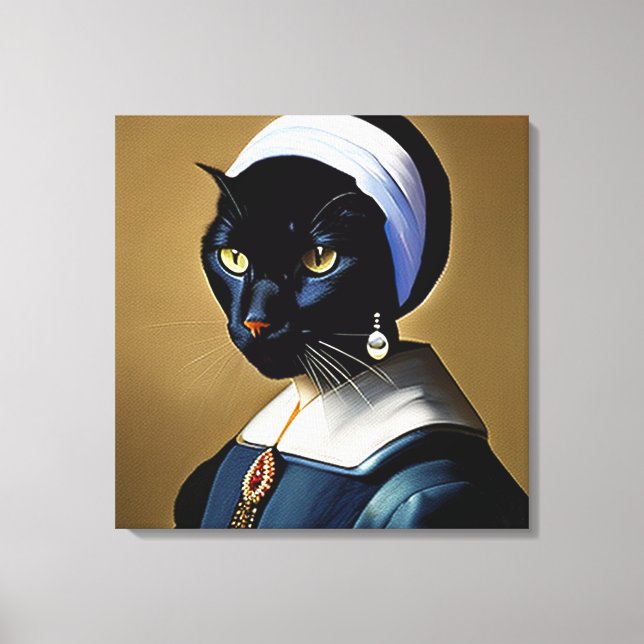 Black Cat i en Pearl Earring Canvastryck (Framsida)