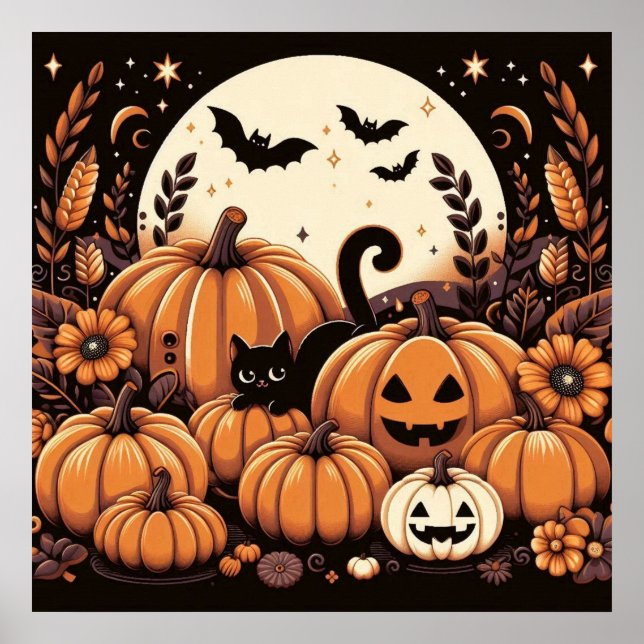 Black Cat i en Pumpkin Patch Poster (Framsidan)