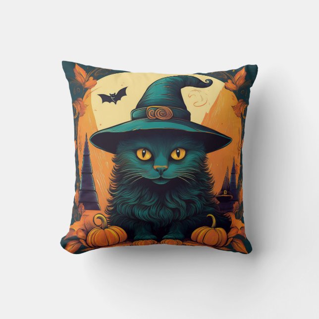 Black Cat i en Witches Hat Kudde (Framsida)