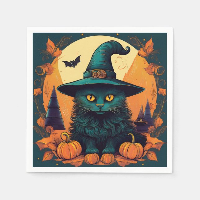 Black Cat i en Witches Hat Pappersservett (Framsidan)