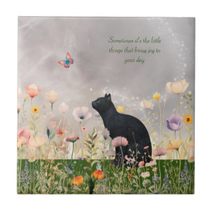 Black Cat i Flowers Kakelplatta
