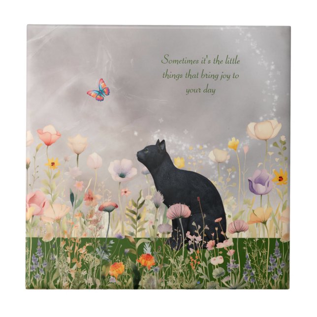 Black Cat i Flowers Kakelplatta (Framsidan)