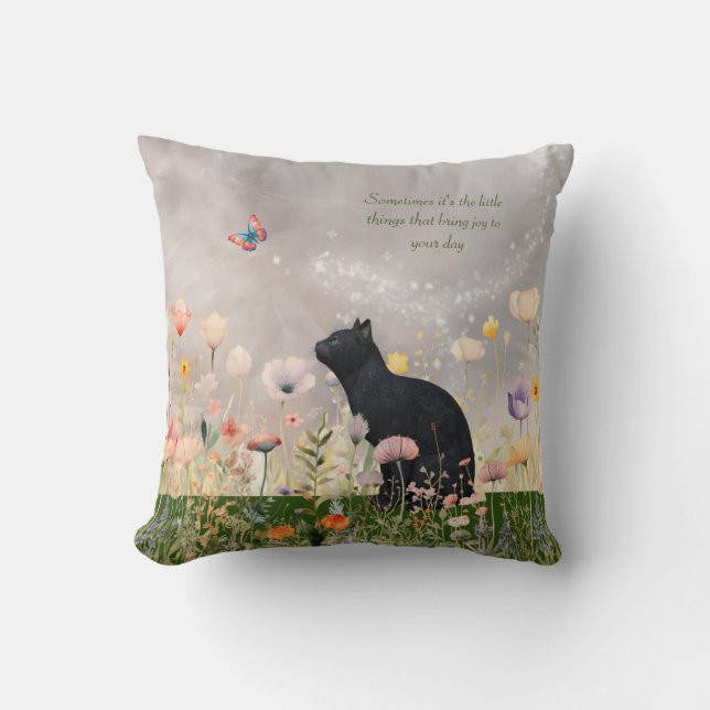 Black Cat i Flowers Kudde (Framsida)