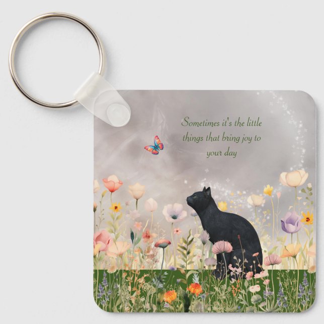 Black Cat i Flowers Nyckelring (Framsida)