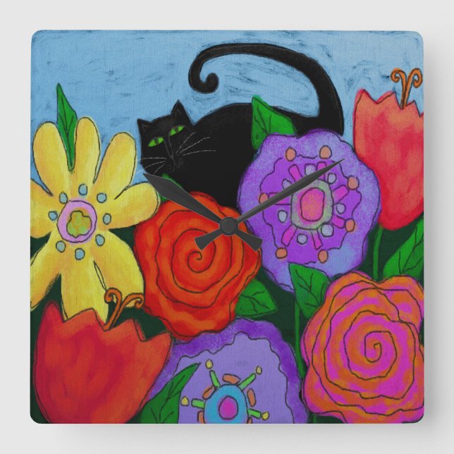 Black Cat i Garden Abstrakt Art Round Clock Fyrkantig Klocka (Framsida)
