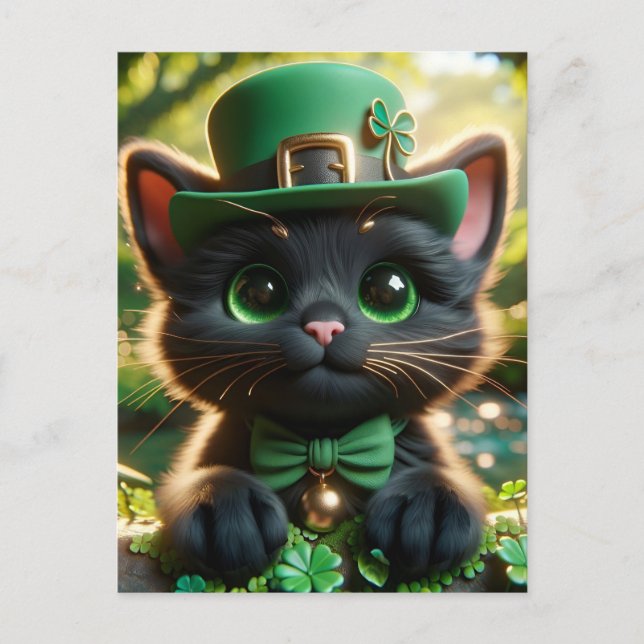 Black Cat i Grönt St. Patrick's Day Attire Vykort (Framsida)