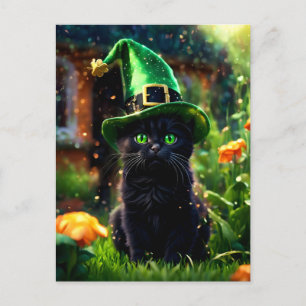 Black Cat i Grönt St. Patrick's Day Witch Hat Vykort