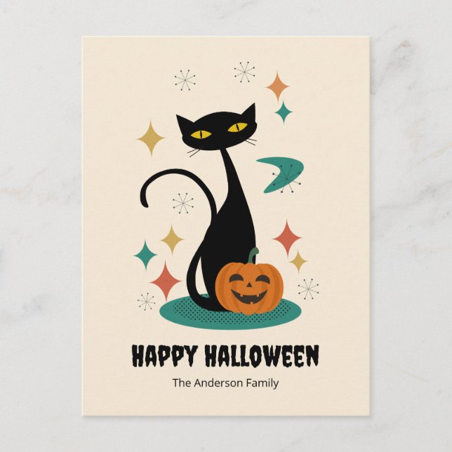 Black Cat i Halloween Mid Century Helg Vykort (Framsida)
