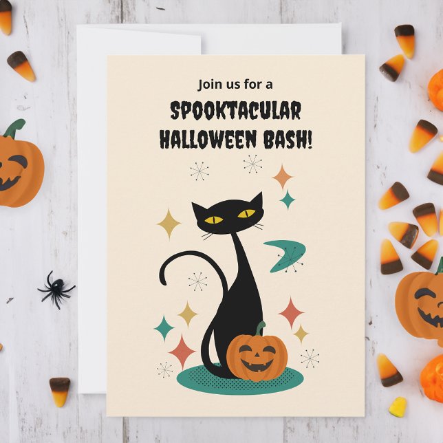 Black Cat i Halloween Mid Century Inbjudningar (Skapare uppladdad)