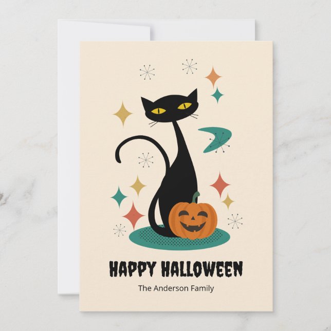 Black Cat i Halloween Mid Century Julkort (Framsida)