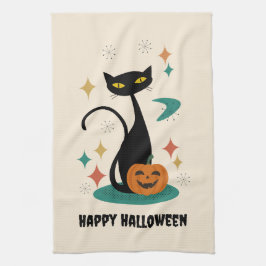 Black Cat i Halloween Mid Century Kökshandduk
