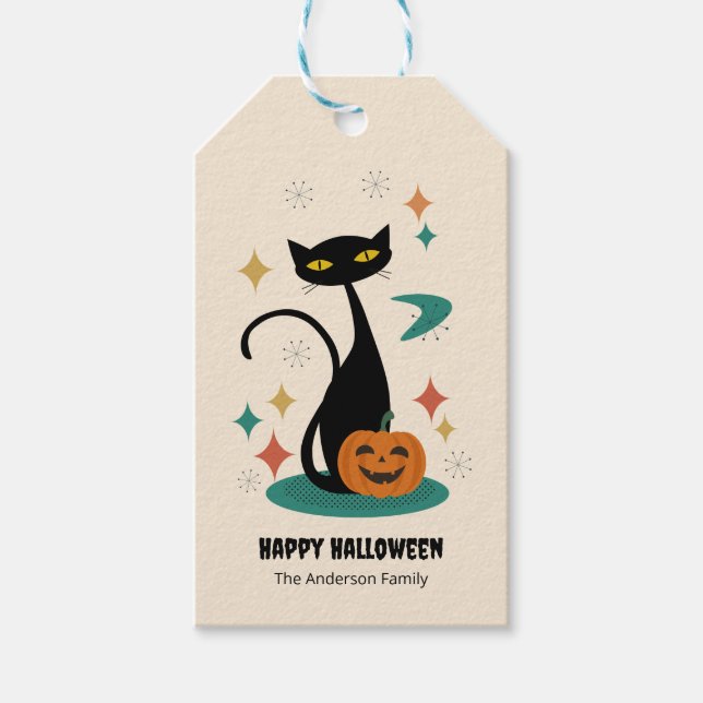 Black Cat i Halloween Mid Century Presentetikett (Framsidan)