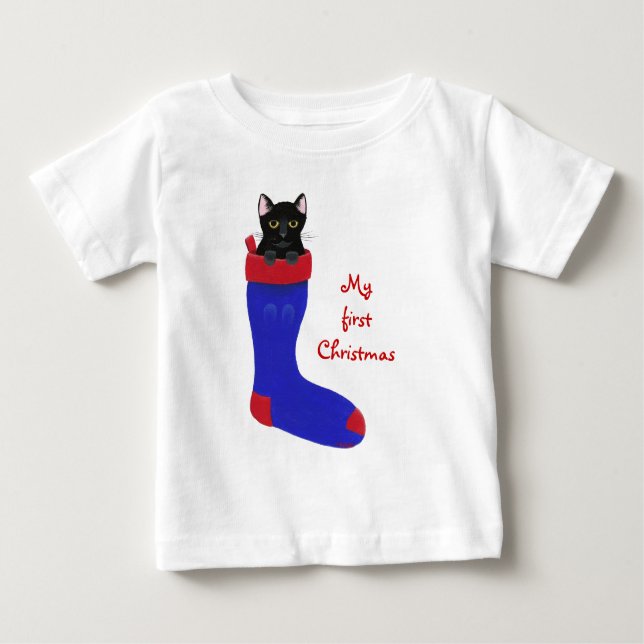 Black Cat i julklapp Första jul T Shirt (Framsida)