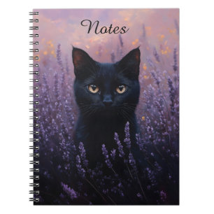 Black Cat i Lavender Fält Illustration Anteckningsbok