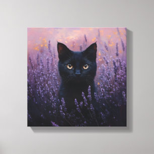 Black Cat i Lavender Fält Illustration Canvastryck