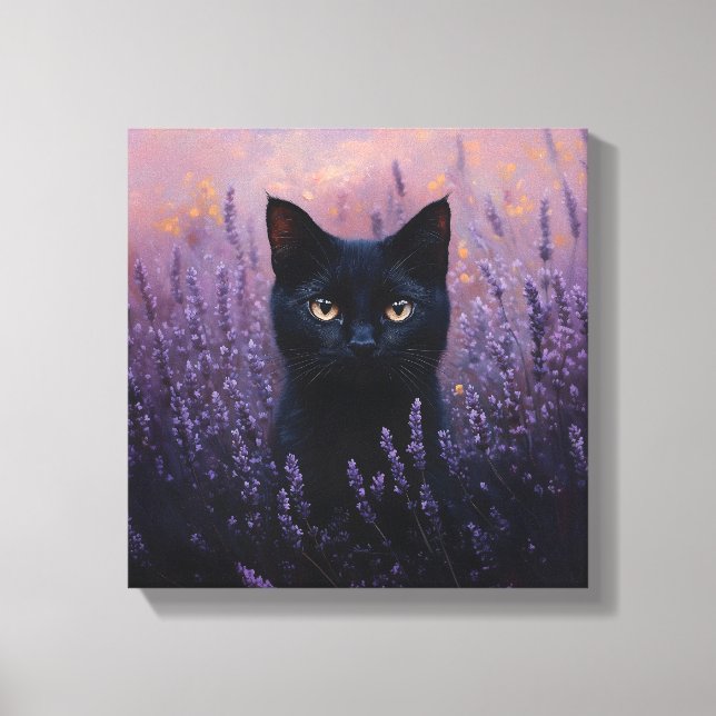 Black Cat i Lavender Fält Illustration Canvastryck (Framsida)