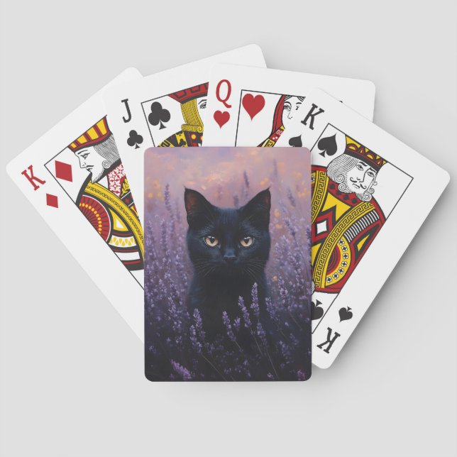Black Cat i Lavender Fält Illustration Casinokort (Baksidan)