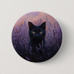 Black Cat i Lavender Fält Illustration Knapp