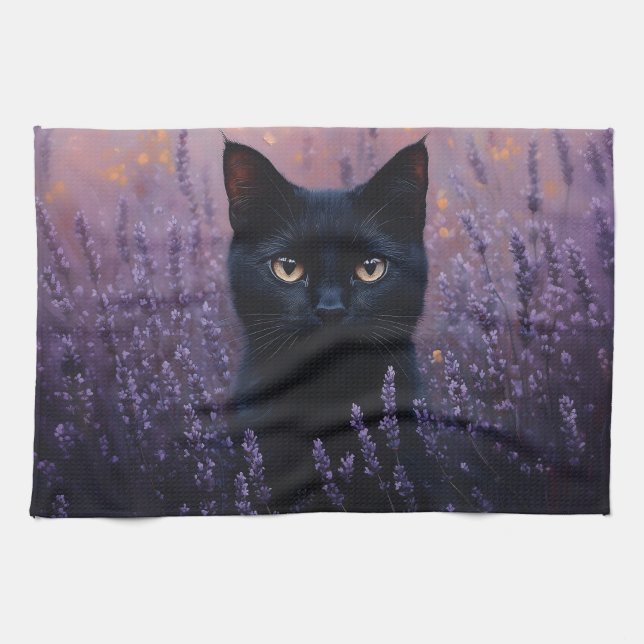 Black Cat i Lavender Fält Illustration Kökshandduk (Horisontell)