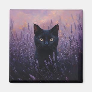 Black Cat i Lavender Fält Illustration Magnet