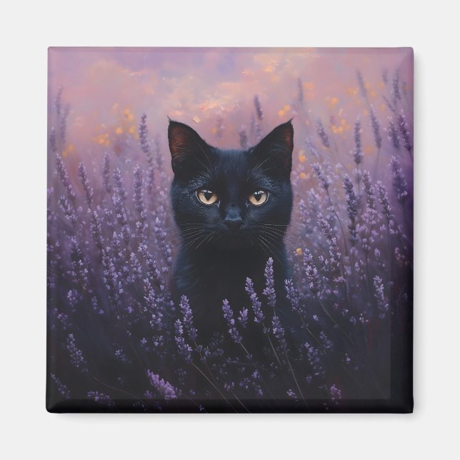 Black Cat i Lavender Fält Illustration Magnet (Framsidan)