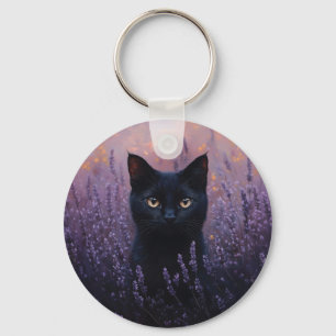 Black Cat i Lavender Fält Illustration Nyckelring