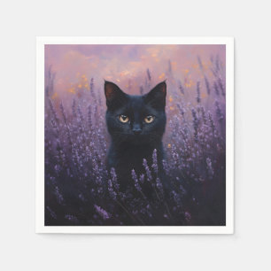 Black Cat i Lavender Fält Illustration Pappersservett