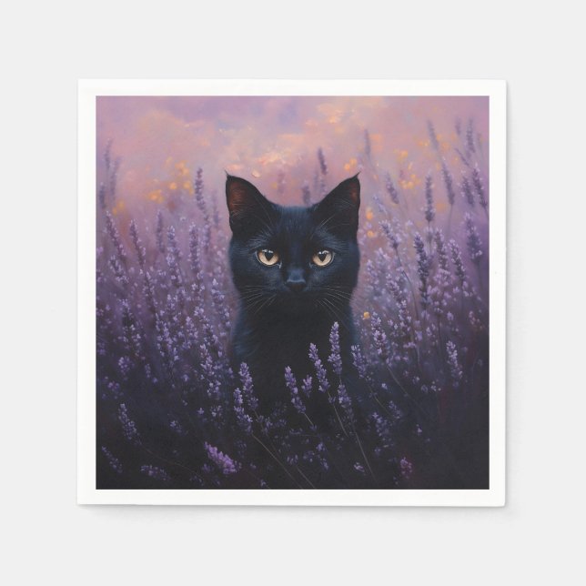Black Cat i Lavender Fält Illustration Pappersservett (Framsidan)
