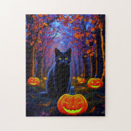 Black Cat i Pumpkin-skogen på Halloween-natten Pussel