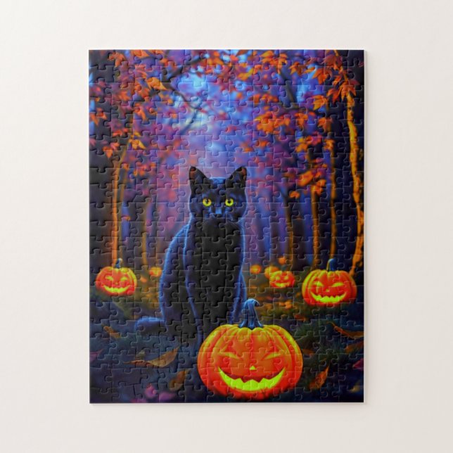 Black Cat i Pumpkin-skogen på Halloween-natten Pussel (Vertikal)