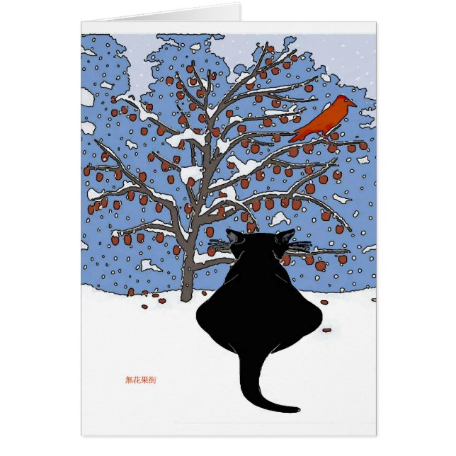 Black Cat i Snö med Red Bird Hälsningskort (Framsidan)