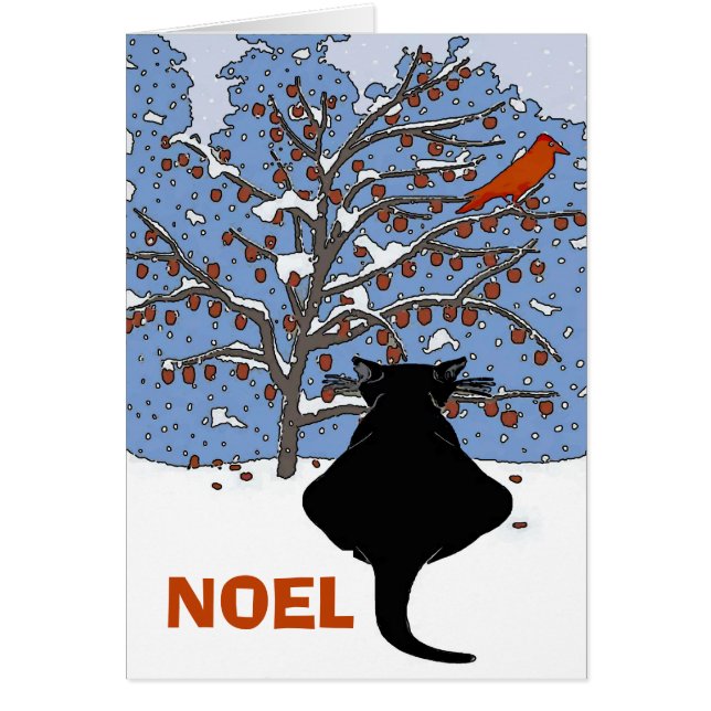 Black Cat i Snö, Noel, Red Bird Hälsningskort (Framsidan)