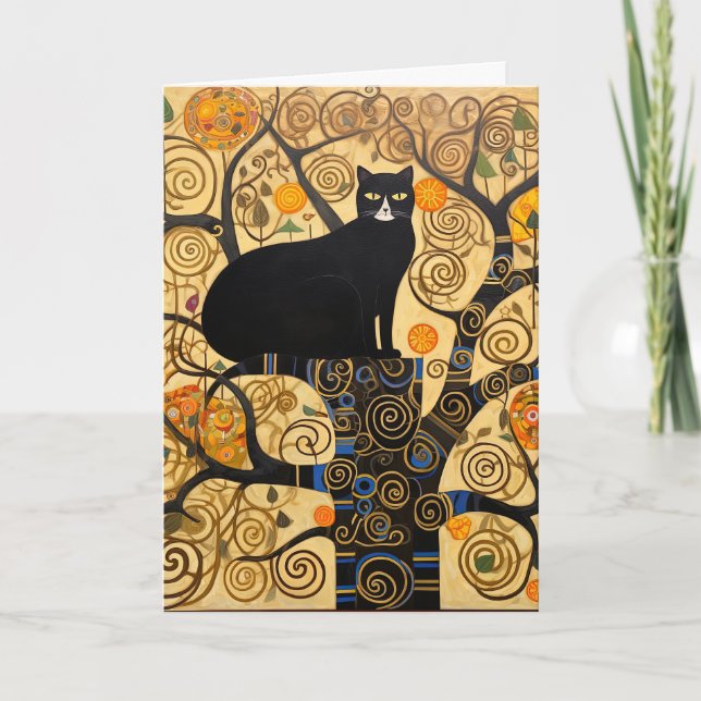 Black Cat i Träd på Golden Swirls Card Kort (Framsida)