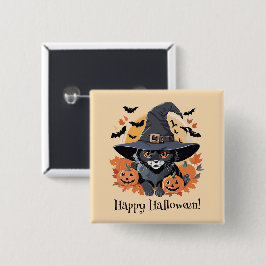 Black Cat i Witch Hat Halloween Knapp