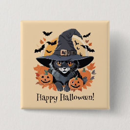 Black Cat i Witch Hat Halloween Knapp