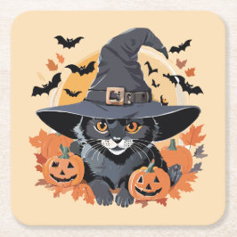 Black Cat i Witch Hat Halloween Underlägg Papper Kvadrat