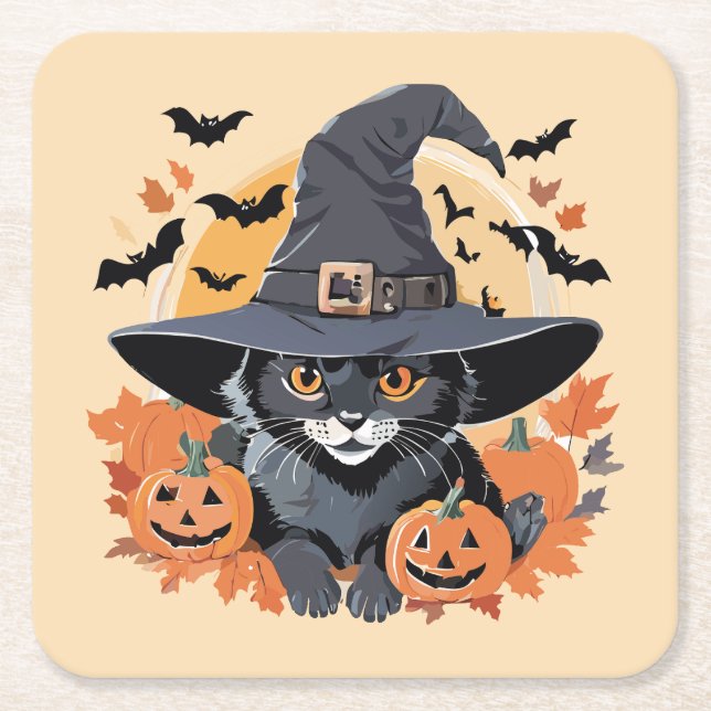 Black Cat i Witch Hat Halloween Underlägg Papper Kvadrat (Framsidan)