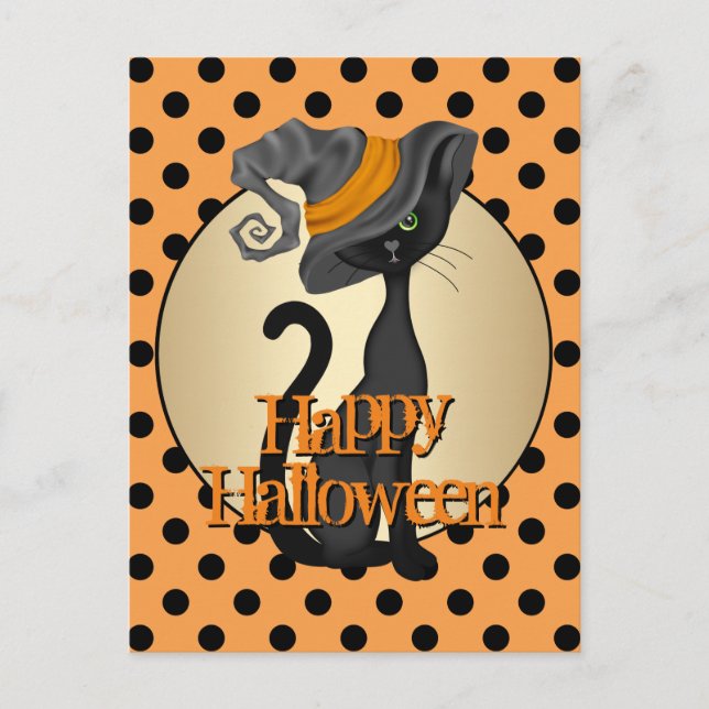 Black Cat i Witch Hat Happy halloween Vykort (Framsida)