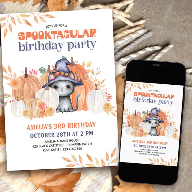Black Cat i Witch Hat Spooktacular Barns födelseda Inbjudningar (Spooktacular birthday party invitation for kids with cute halloween themed design)