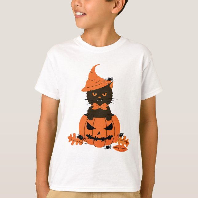Black Cat in a Pumpkin, Halloween T Shirt (Framsida)