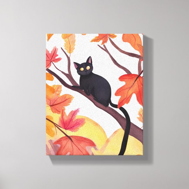 Black Cat in a Tree | Fall Autumn Spooky Cute Canvastryck (Framsida)