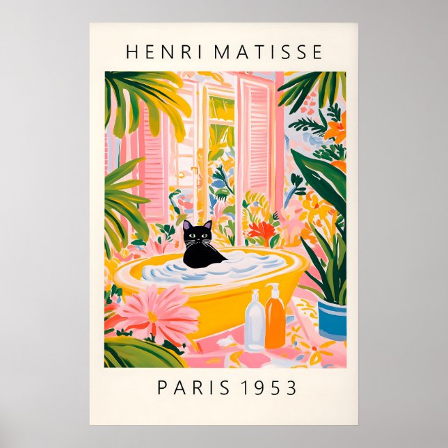 Black Cat in Bathtub Print Matisse Style Bathroom Poster (Framsidan)